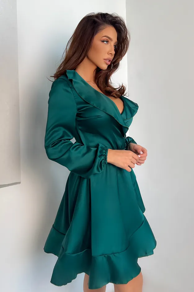 Коктейльні сукні JK-Fashion — смарагдове плаття з матового шовку на запах