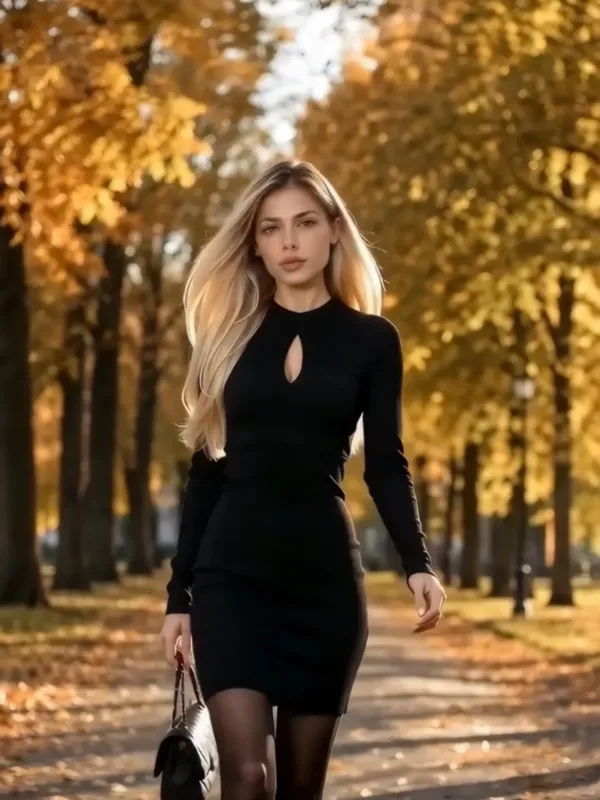Чорна сукня міні в рубчик з вирізом-краплею на прогулянці в осінньому парку