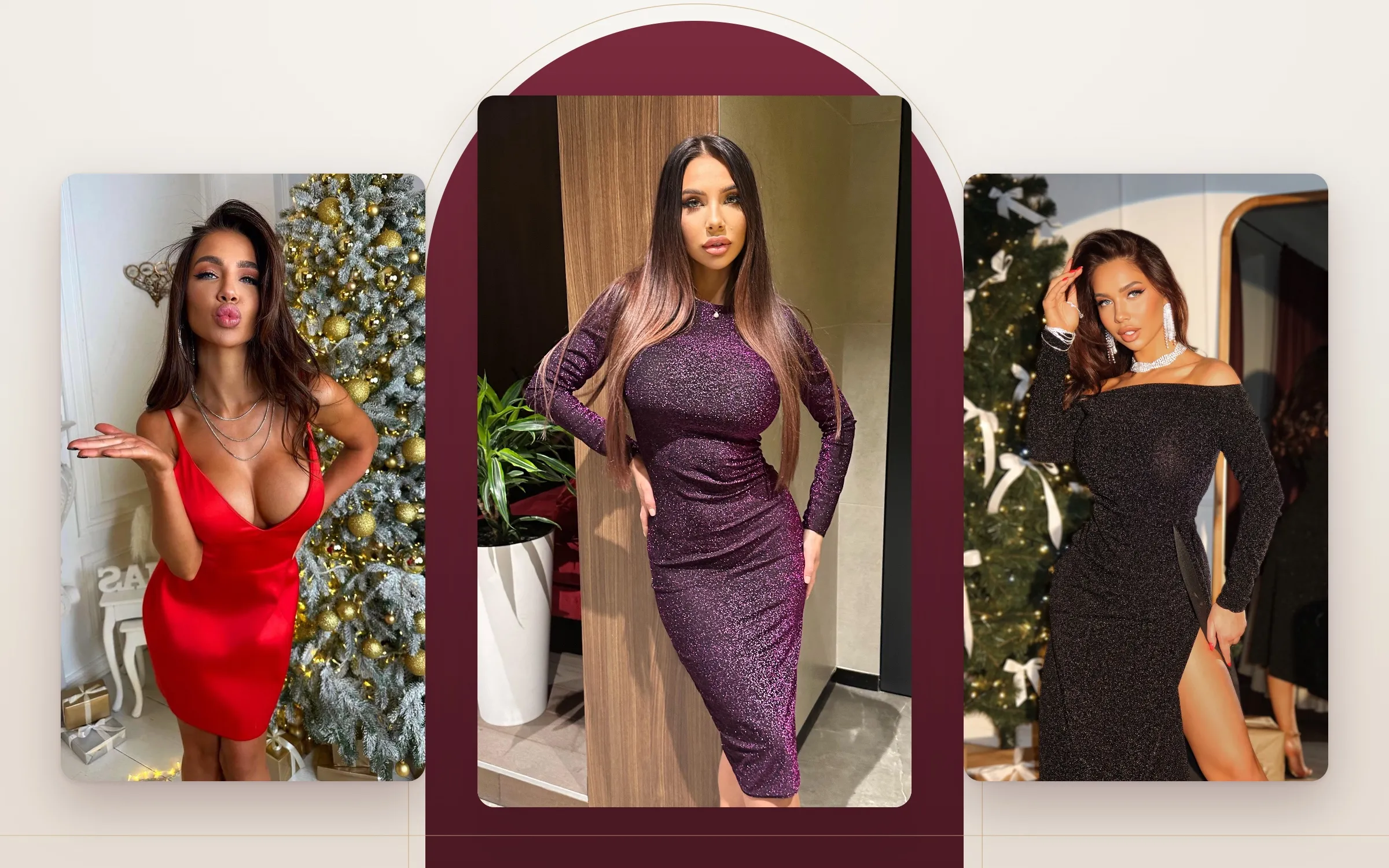 Три святкові сукні JK-Fashion для корпоративу: червона атласна, фіолетова і чорна з люрексу